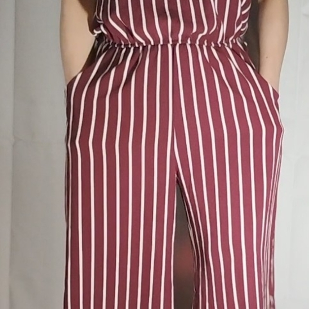 Ambiance Burgundy and White Striped Jumpsuit Size M